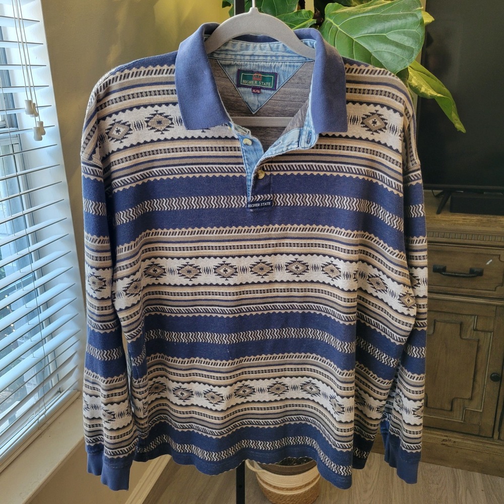 Higher State Mens XL Long Sleeve Polo Shirt Blue Southwestern Aztec Cotton Boxy